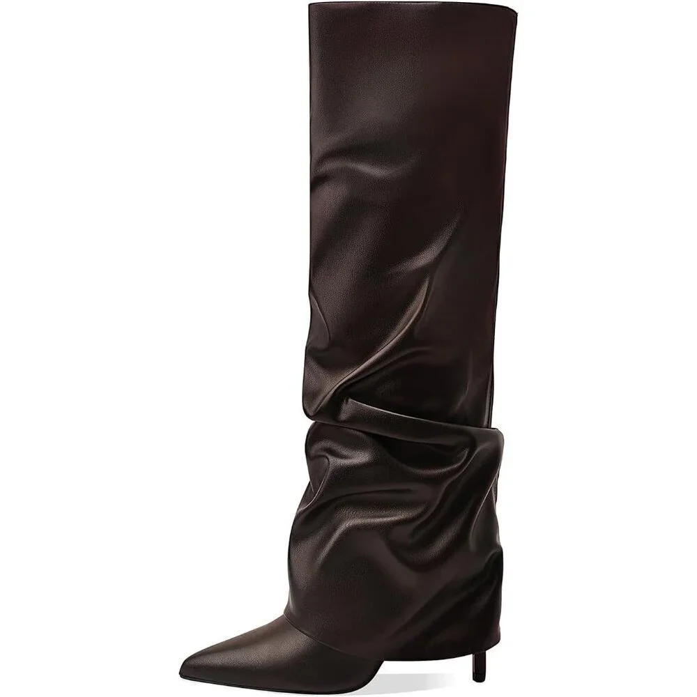Women's Brown-Pu Knee High Fold Over Wide Calf Pointed Toe Long Heel Boot